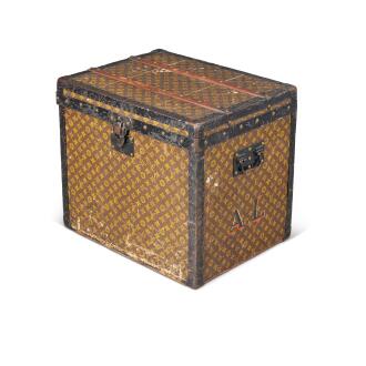 View 1 of Lot 76: Vintage Monogram Canvas Hatbox Steamer Trunk Brass Hardware, Circa 1900