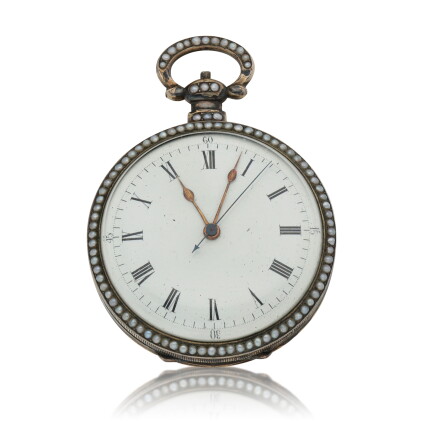 Catalog image of Gilt metal , pearl-set and enamel open faced watch made for the Chinese market …