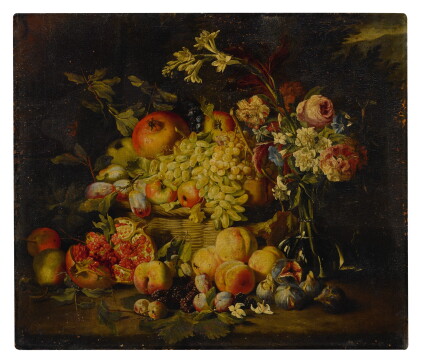 Catalog image of Still life of flowers and fruits, including pomegranates, peaches, and grapes