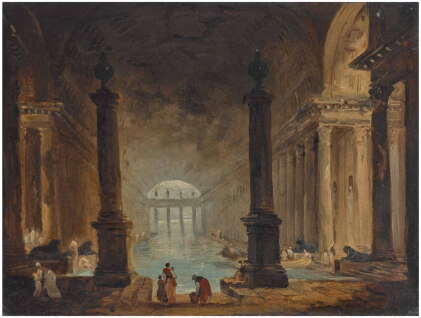 Catalog image of hubert robert | view of a roman bath with figures in the foreground