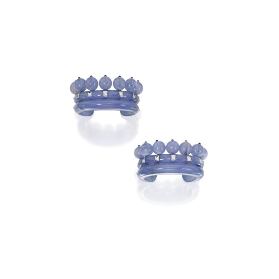 Pair of White Gold, Chalcedony, Sapphire and Diamond 'Couronne'