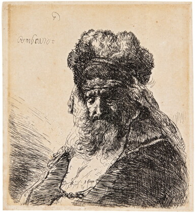 Catalog image of rembrandt harmensz. van rijn | bearded old man in a high fur cap, with eyes clo…