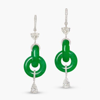 View 1 of Lot 1716: Pair of Jadeite "Double Hoop" and Diamond Pendent Earrings | 天然「緬甸」翡翠「雙環」配 鑽石 耳墜一對