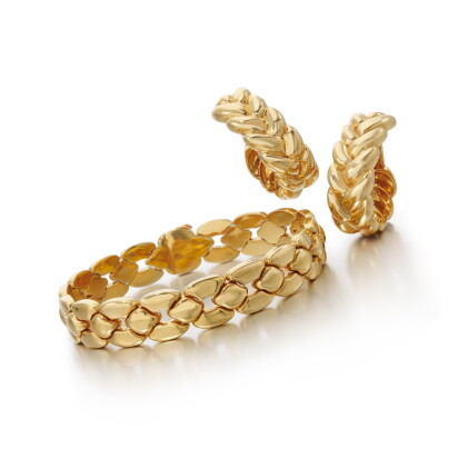Catalog image of Pair of gold earrings and a bracelet, Cartier