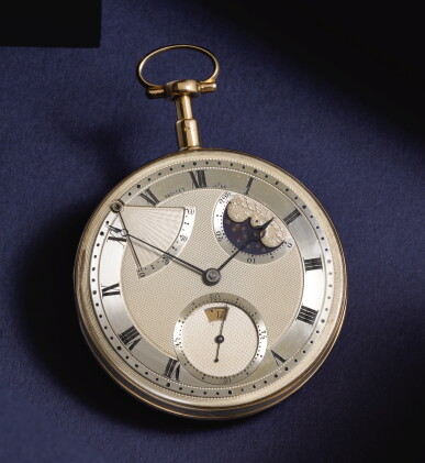 Catalog image of an exceptional and very rare gold self-winding quarter repeating watch with moo…