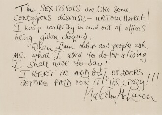 View 1 of Lot 25: Malcolm McLaren | Handwritten statement in black ink, [1977]