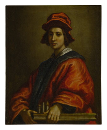 Catalog image of portrait of a young man, possibly an architect, half length, wearing a red hat …