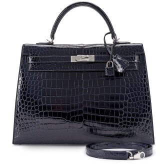 View 1 of Lot 124: Bleu Marine Shiny Porosus Crocodile Kelly 35 Sellier Palladium Hardware, 2015