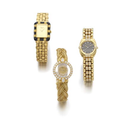 Catalog image of three lady's wristwatches, one 'happy diamonds', one 'gstaad', chopard