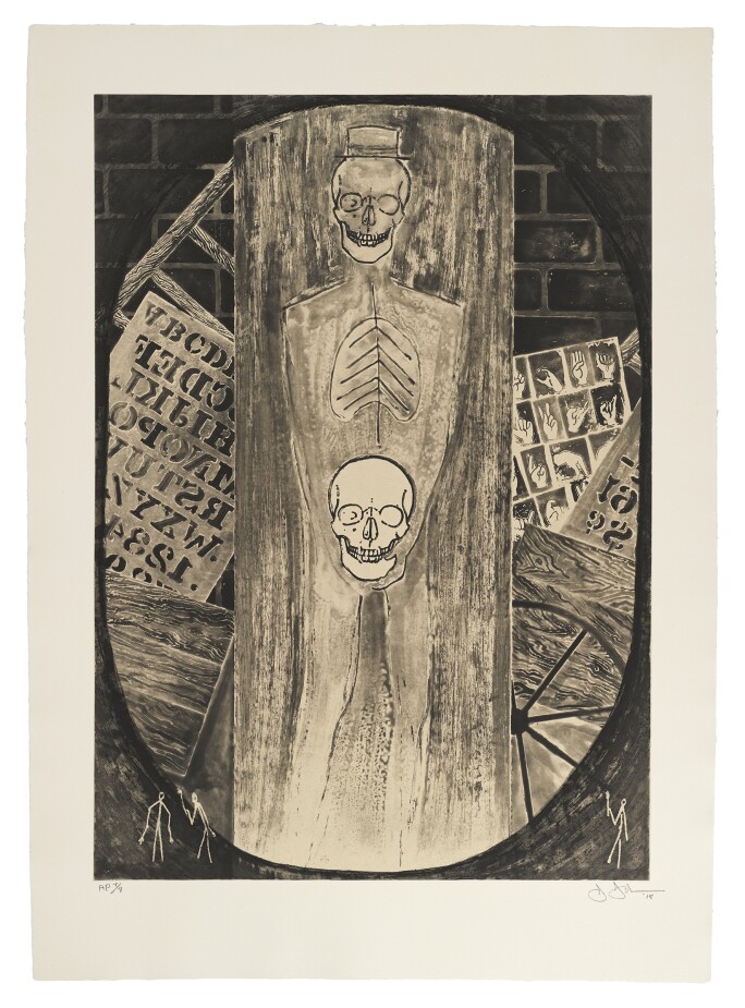 Monochrome print depicting skeleton holding a skull and surrounded by artworks