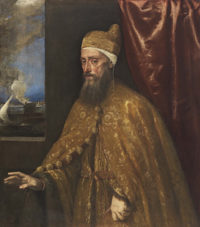 Titian, Portrait of Doge Francesco Venier, 1554–56, dressed in a red and gold brocaded cloak and cape.