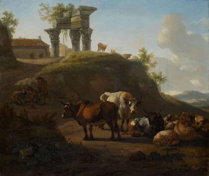 Catalog image of willem romeyn | cattle and sheep with peasants and ancient ruins beyond