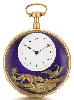 Catalog image of a fine gold and enamel open-faced quarter repeating 'barking dog' automaton wat…