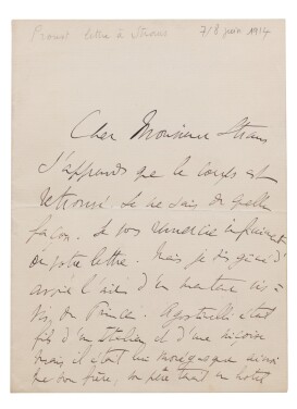 View 1 of Lot 160: Lettre a.s. à Émile Straus. 1914. Sur la mort d'Agostinelli : "J'apprends que le corps est retrouvé"