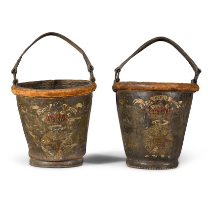 Catalog image of Two rare Scottish George III polychrome decorated leather fire buckets, second …