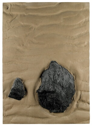 Catalog image of study of rippled sand with two rocks