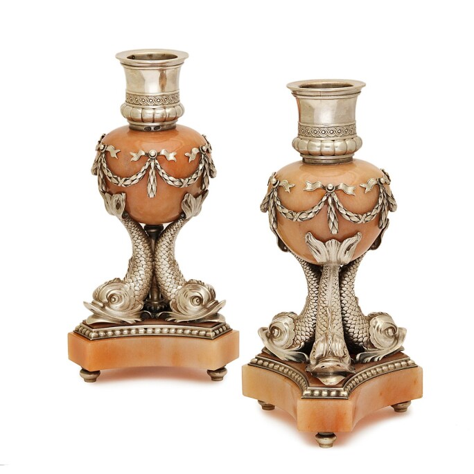 A pair of Fabergé aventurine and silver dolphin-form candlesticks, workmaster A. Nevalainen, St. Petersburg, circa 1890