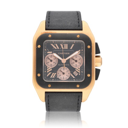 Catalog image of Santos 100, reference 2935 Pink gold automatic chronograph wristwatch with date…