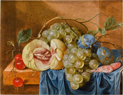 Catalog image of A still life with peaches, grapes, plums, cherries and prawns on a ledge, drape…