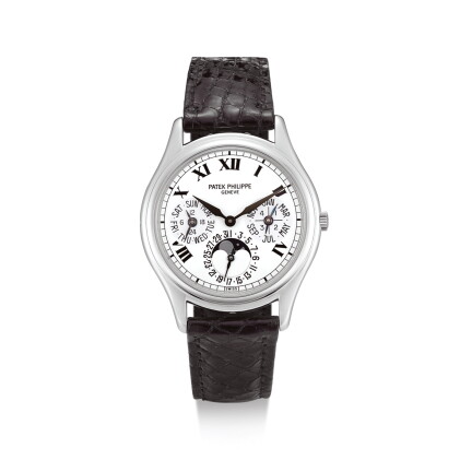 Catalog image of patek philippe | reference 3940 a platinum perpetual calendar wristwatch with m…