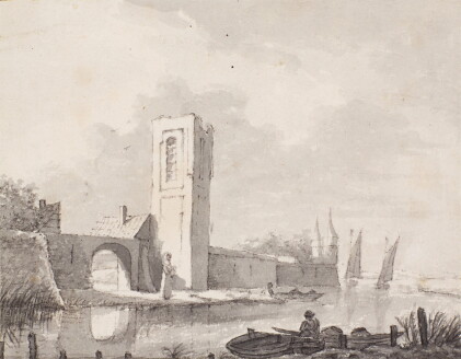 Catalog image of A town wall with a tower by water