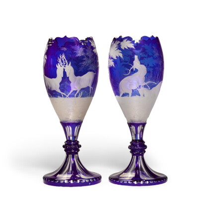 Catalog image of A near pair of Bohemian blue-stained and engraved glass vases, late 19th century