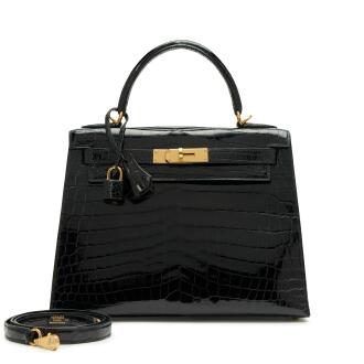 View 1 of Lot 67: Black Shiny Niloticus Crocodile Kelly 28 Sellier Gold Hardware, 2011