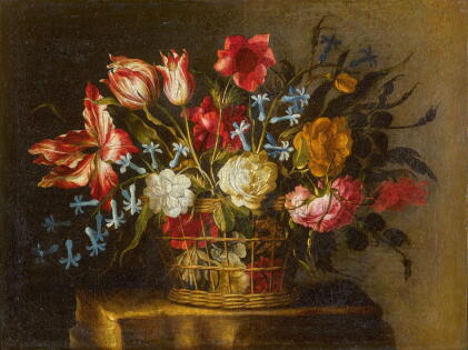 Catalog image of juan de arellano | still life of tulips, bluebells and other flowers in a baske…