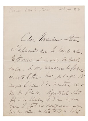 Catalog image of Lettre a.s. à Émile Straus. 1914. Sur la mort d'Agostinelli : "J'apprends que l…