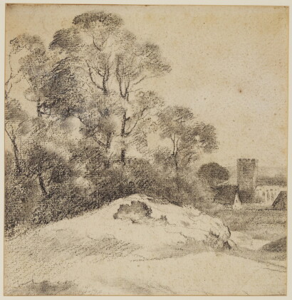 Catalog image of attributed to george frost | a woodland landscape with a church beyond