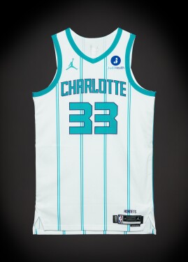 View 1 of Lot 39: Liam McNeeley ‘Rookie Debut’ Charlotte Hornets 2025-2026 Game Worn Association Edition Jersey