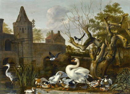 Catalog image of dirck wijntrack | a castle moat with a swan, various ducks and a heron in the f…
