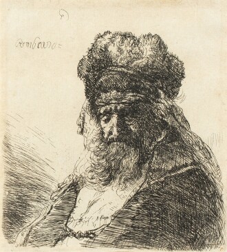 View 1 of Lot 491: An old bearded man in a high fur cap, with eyes closed (Bartsch, Hollstein 290; New Hollstein 148)