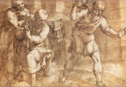 Catalog image of Three figures in a rustic interior