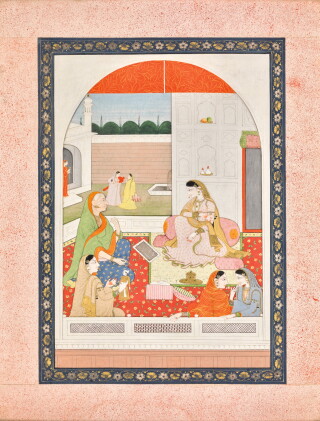 Catalog image of a nayika with attendants and a doll, india, pahari, early 19th century