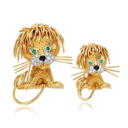 Catalog image of Pair of gem set and diamond brooches, 'Lion ébouriffé', 1960s