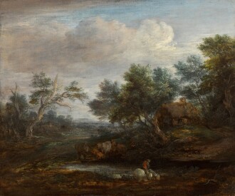View 1 of Lot 29: Wooded landscape with a mounted figure on a horse drinking at a pool, a thatched cottage beyond 