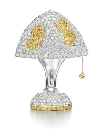 Catalog image of geoff rowlandson | yellow diamond and diamond brooch