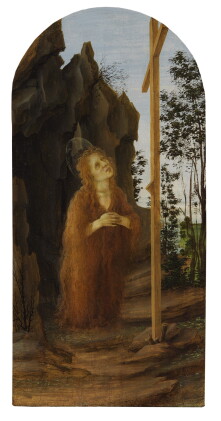 Catalog image of Penitent Mary Magdalene adoring the True Cross in a rocky landscape