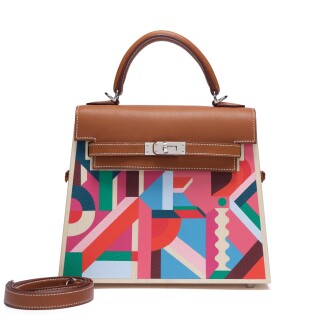 View 1 of Lot 50: Limited Edition Fauve Barenia, Multicolor Clemence, Togo, Epsom, Madame, Tadelakt, Chèvre and Wood Kellywood Perspective Cavaliere Kelly 22 Palladium Hardware, 2025