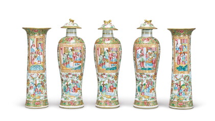 Catalog image of a canton famille-rose five-piece garniture, qing dynasty, 19th century | 清十九世紀 …