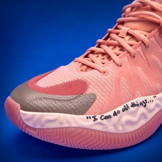 View 1 of Lot 9: Stephen Curry 2025-2026 Warm Up and Game Worn Inscribed Puma Tyrese Haliburton Hali 1 'Hibuscus'