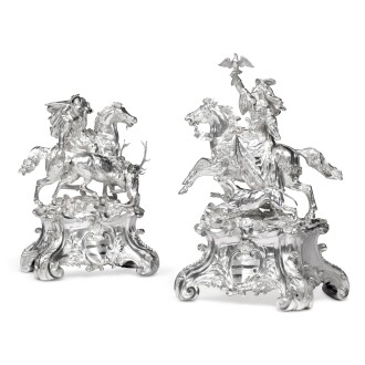 View 1 of Lot 134: International Exhibition of 1862: A Pair of Victorian Silver Equestrian Groups, John S. Hunt for Hunt & Roskell, London, designed and modeled by Alfred Brown, 1854
