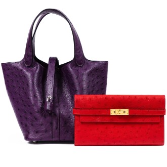 View 1 of Lot 364: Ultraviolet Ostrich Picotin Lock 18 Palladium Hardware, 2019 and Rouge Vif Ostrich Kelly Wallet Gold Hardware, 2017