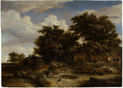 Catalog image of a wooded landscape with figures conversing on a path, a cottage beneath oak tre…