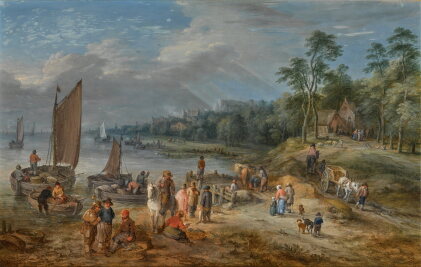 Catalog image of A river landscape with villagers unloading their boats by the shore