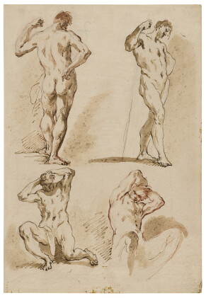 Catalog image of two sheets depicting male academy studies: a) study of four male nude b) study …
