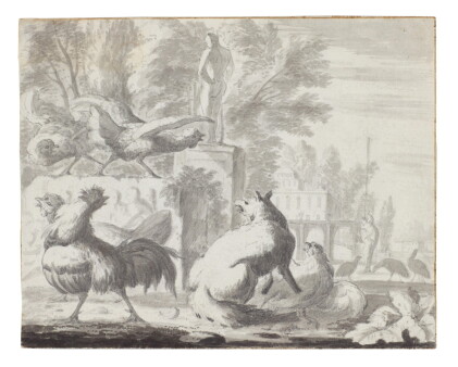 Catalog image of A fox attacking chickens in a park