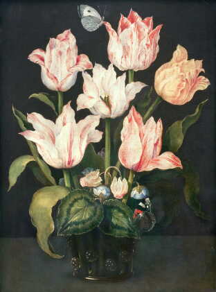 Catalog image of Still life with tulips in a glass vase, with cyclamen and anemone