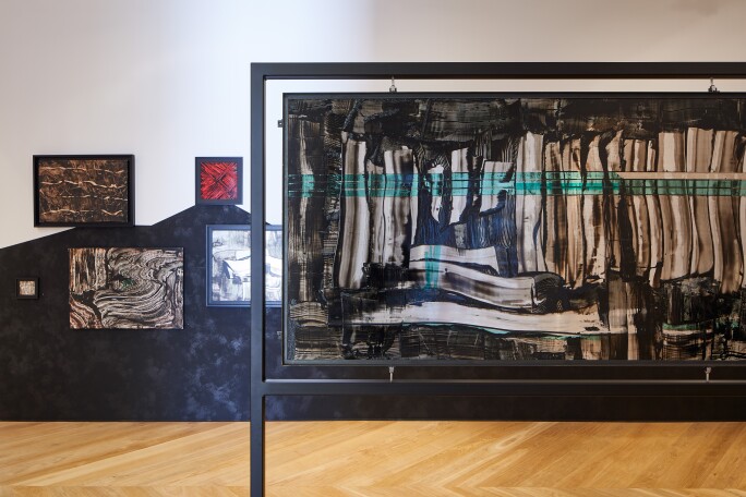 Exhibition view of Behjat Sadr: Dusted Waters. Photograph by Andy Stagg, Courtesy of The Mosaic Rooms.